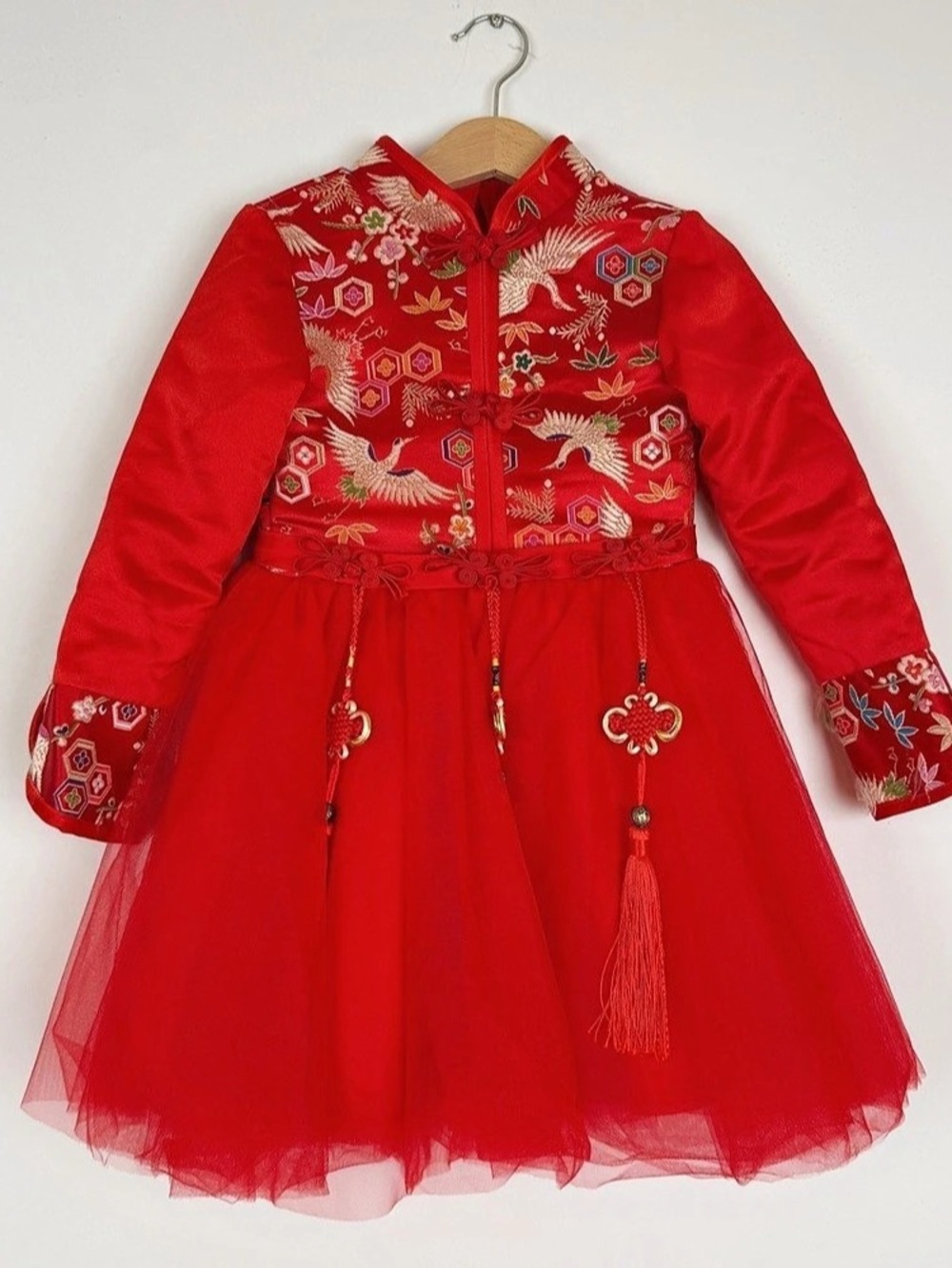 Red Chinese New Year dress with embroidered cranes and floral 4-5T